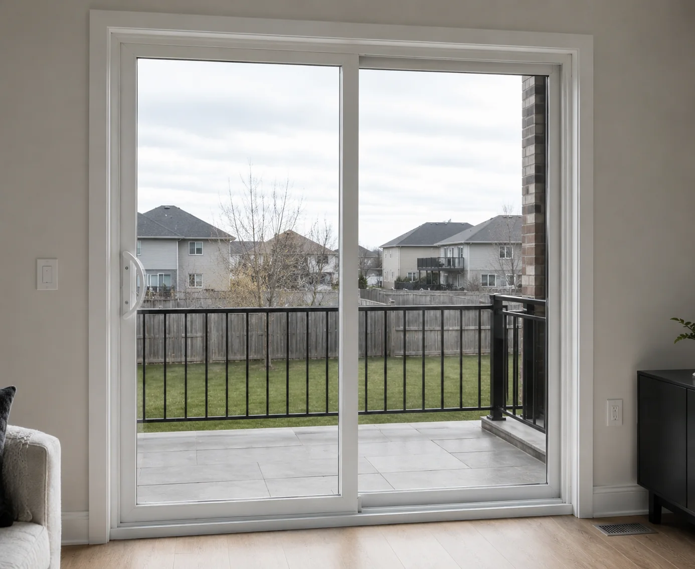 White 8000 Series two-panel sliding patio door installed at a balcony