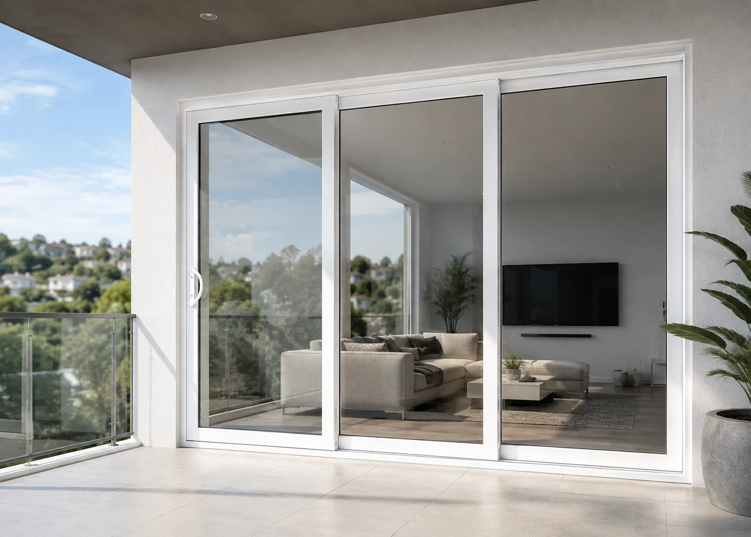 White 8300 Series multi-slide patio door installed at a balcony