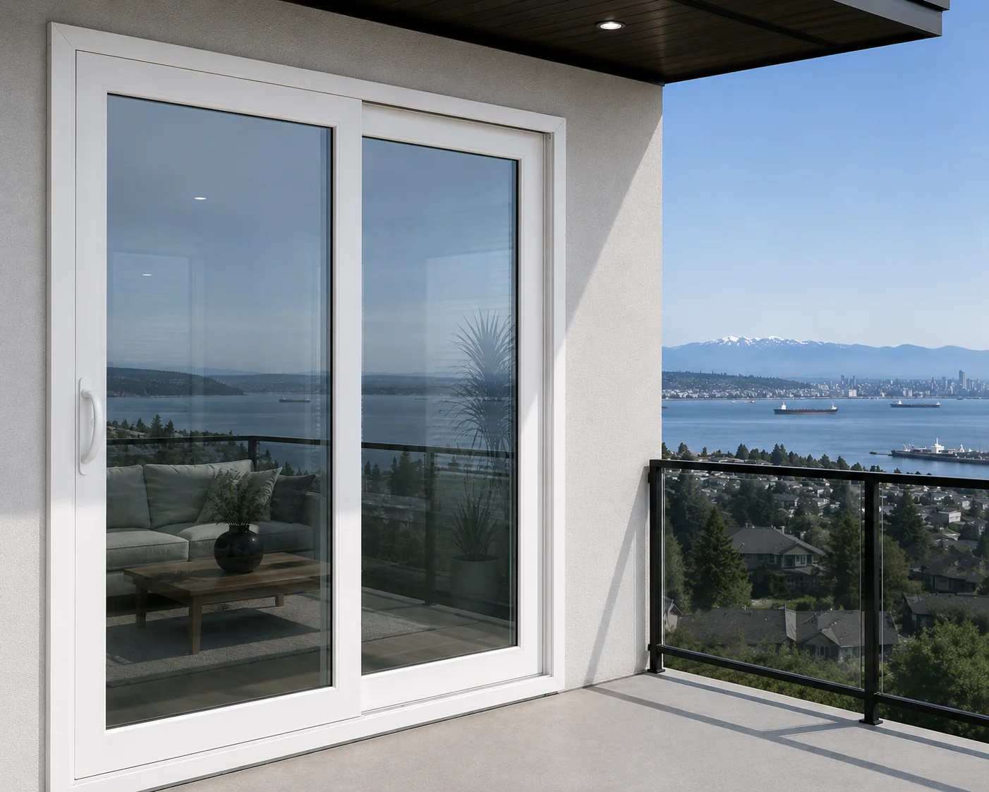 White 8600 Series wide-sash sliding patio door installed at a balcony