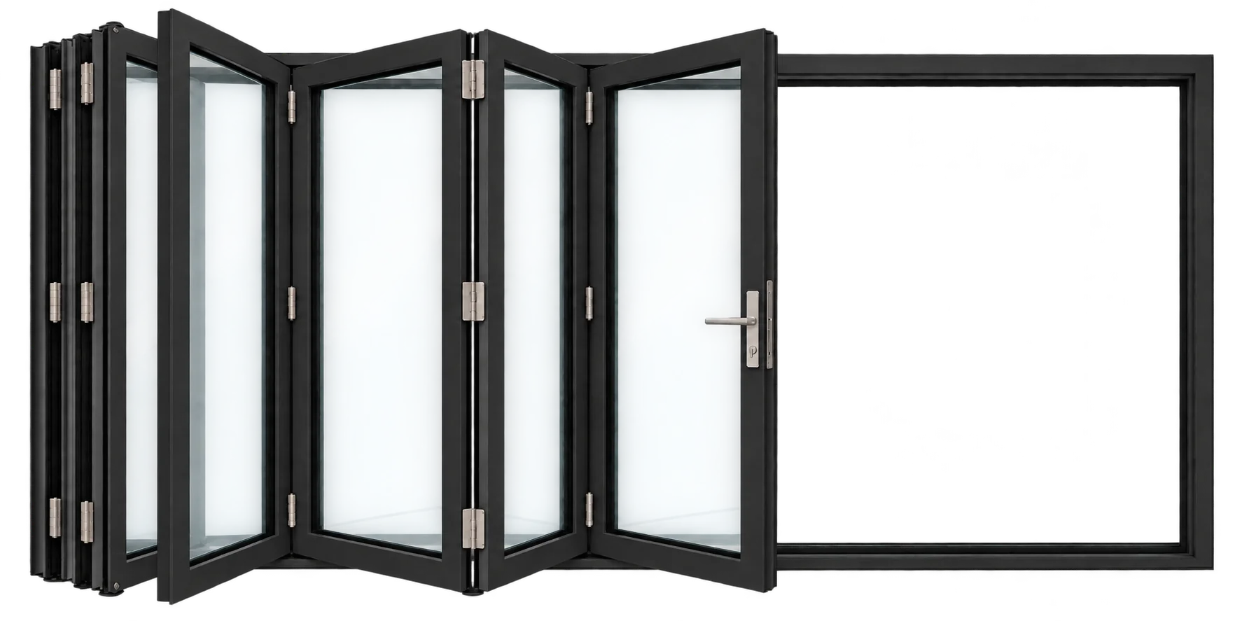 Black folding door with partially folded glazed panels, exposed hinges and lever handle