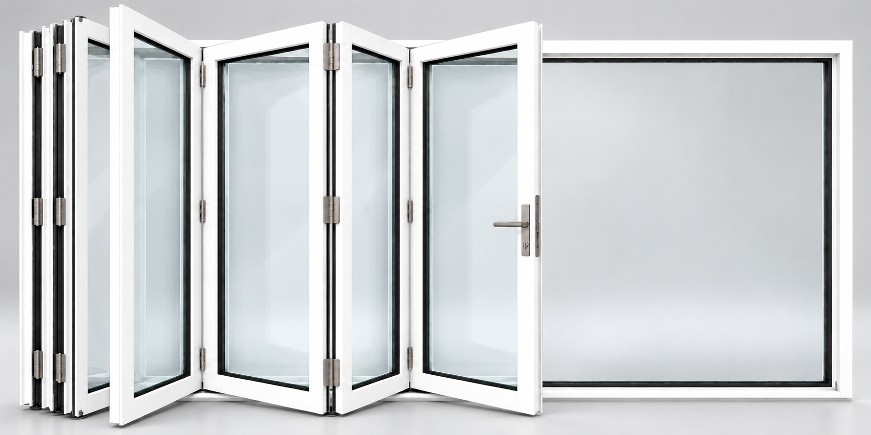 White folding door with partially folded glazed panels, hinges and lever handle on a grey background