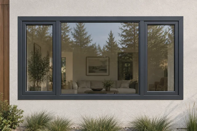 Exterior concept of a modern vinyl window with a fixed centre pane and two side vents