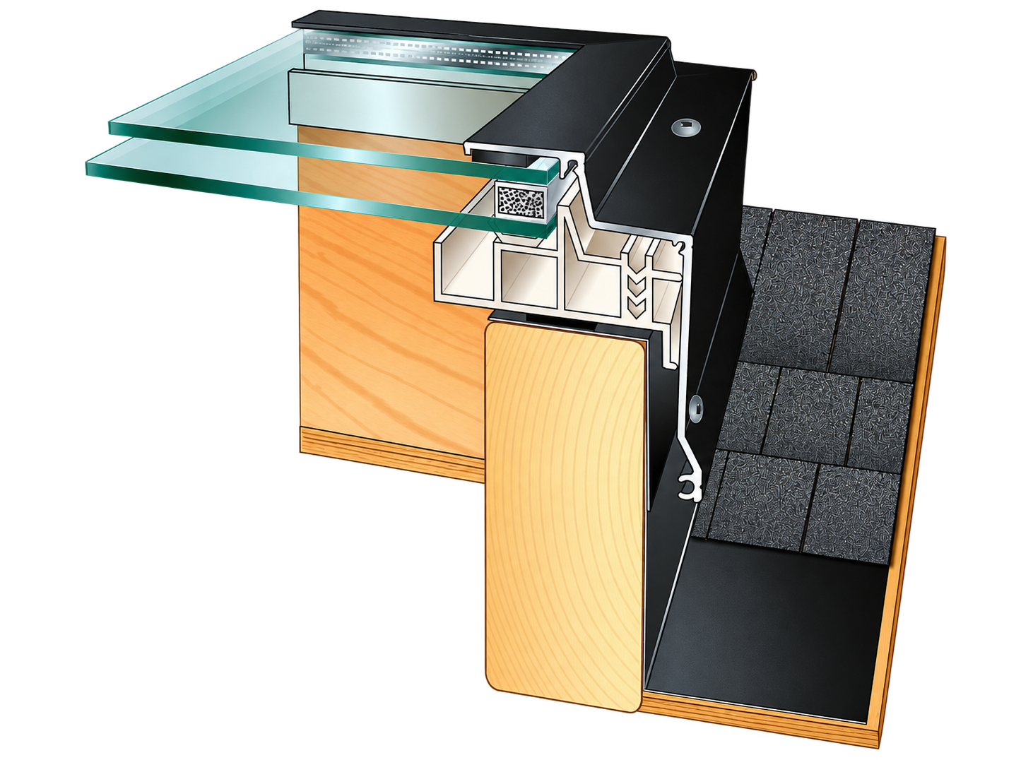 Illustrative section of a curb-mounted skylight showing glass, frame and flashed roof curb
