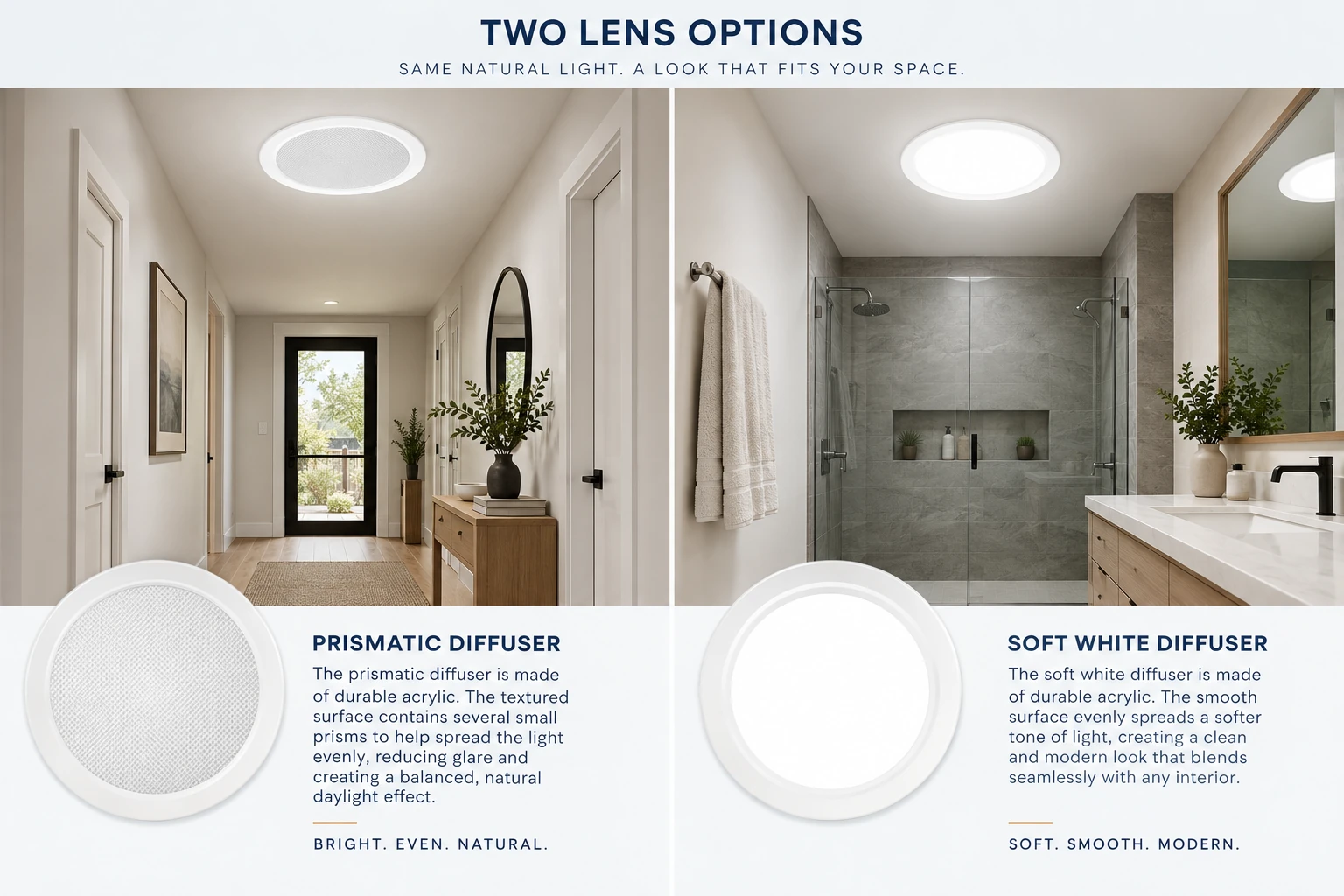 Comparison of prismatic and soft white ceiling diffusers, with hallway and bathroom examples