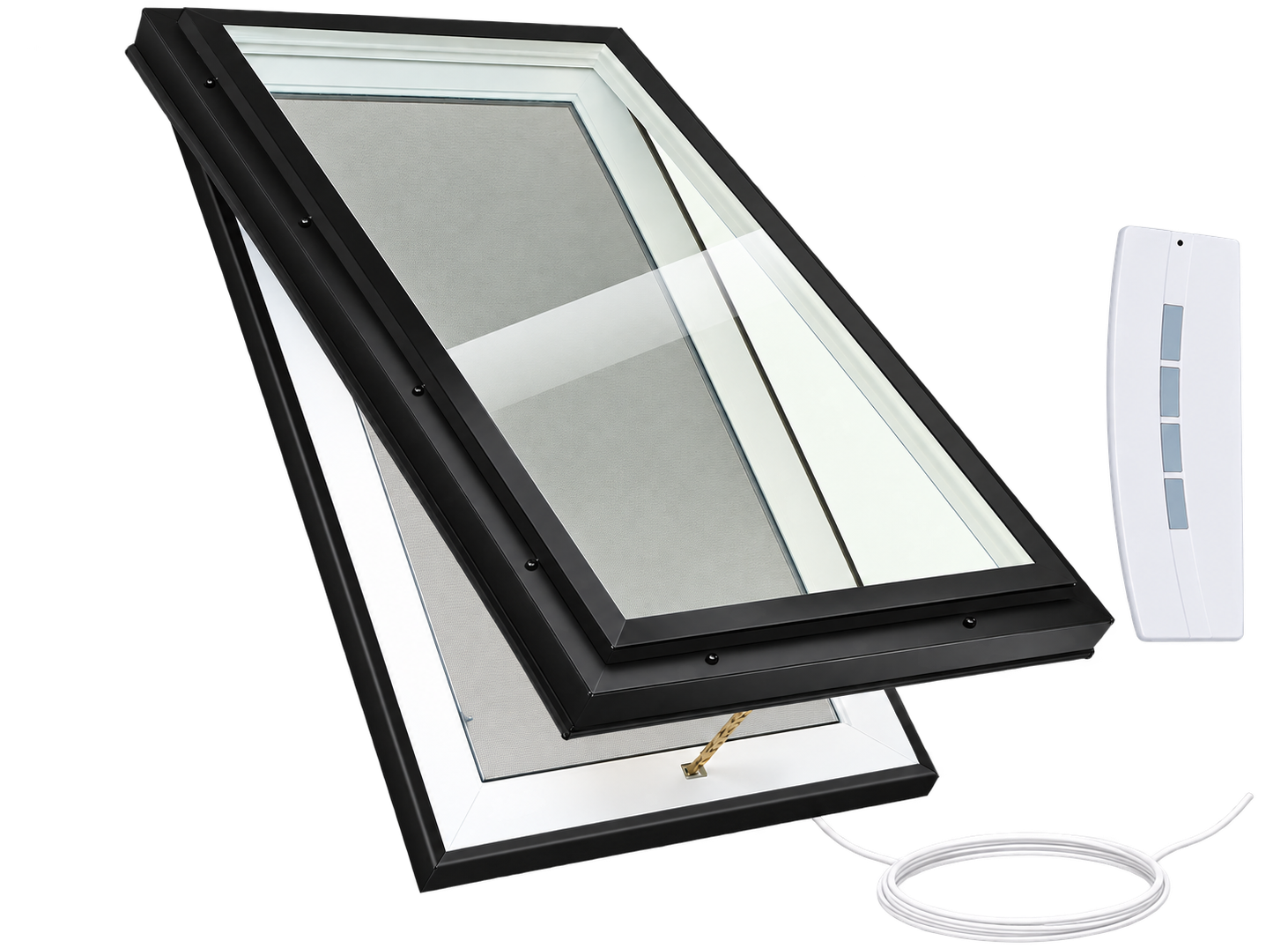 Electric venting glass skylight shown open with insect screen, handheld remote and power cable