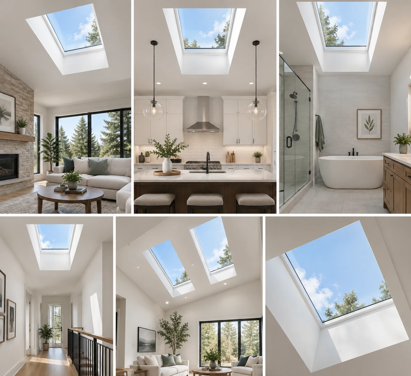 Interior inspiration showing fixed skylights above living spaces, a kitchen, bathroom and stairwell
