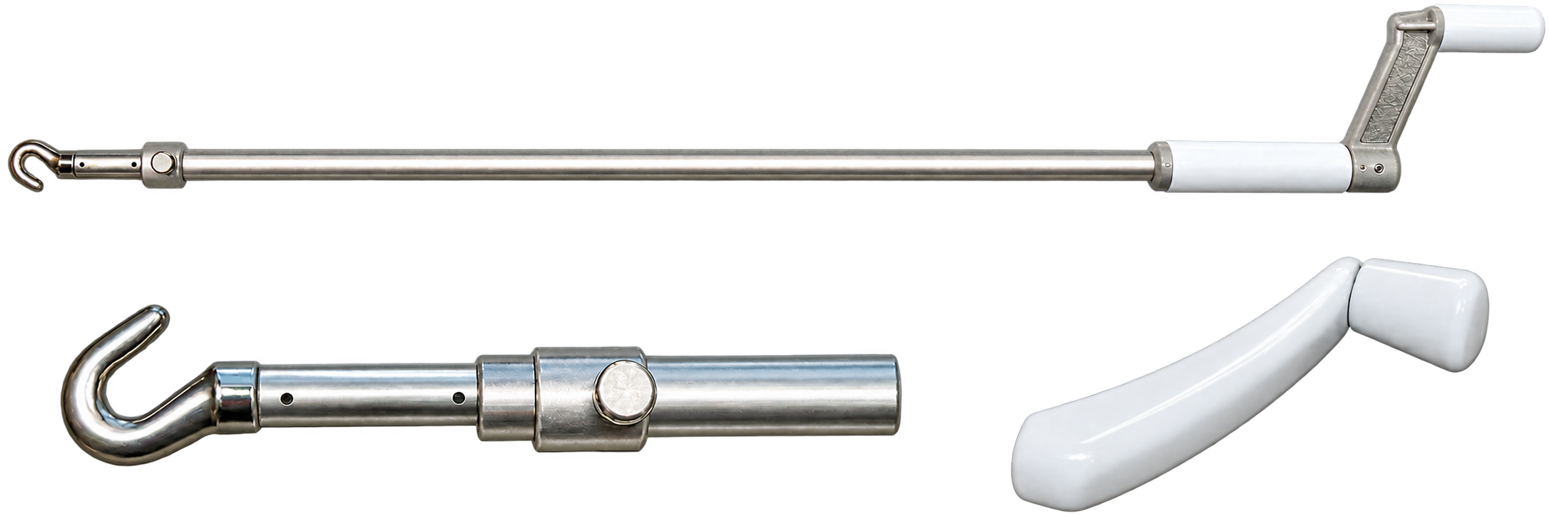 Manual skylight telescopic operating pole, hook attachment and crank handle
