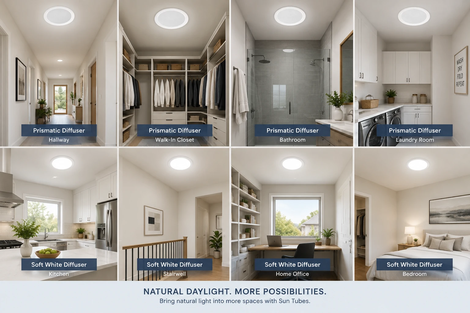 Interior sun tube examples in a hallway, walk-in closet, bathroom, laundry room, kitchen, living room and bedroom