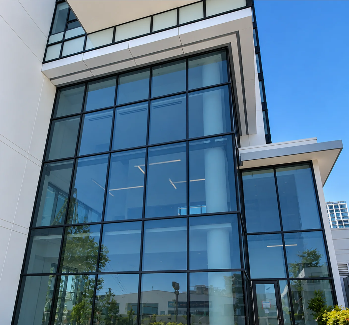 Tailor by Marcon: Upward view of the lobby curtain wall and surrounding facade.